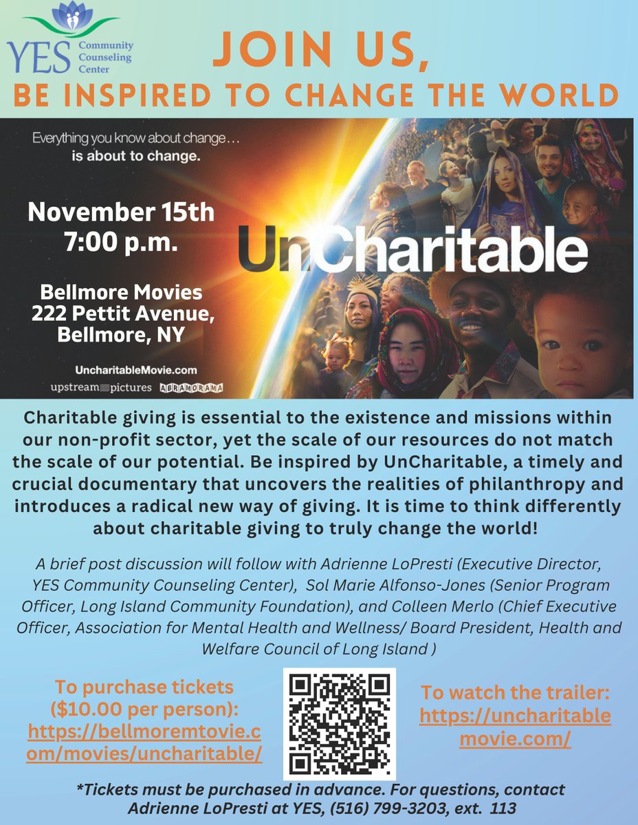 MHAWSuffolk's tweet photo. 🎬 Join us for a special screening of "UnCharitable" on 11/5, 7pm at Bellmore Movies. Dive into the world of philanthropy &amp; stay for a discussion with regional mental health leaders including Colleen Merlo, CEO of @MHAWSuffolk. 🎟️https://t.co/bCmOjFuWEo  #UnCharitableMovie #MHAW https://t.co/G811IqYo7M