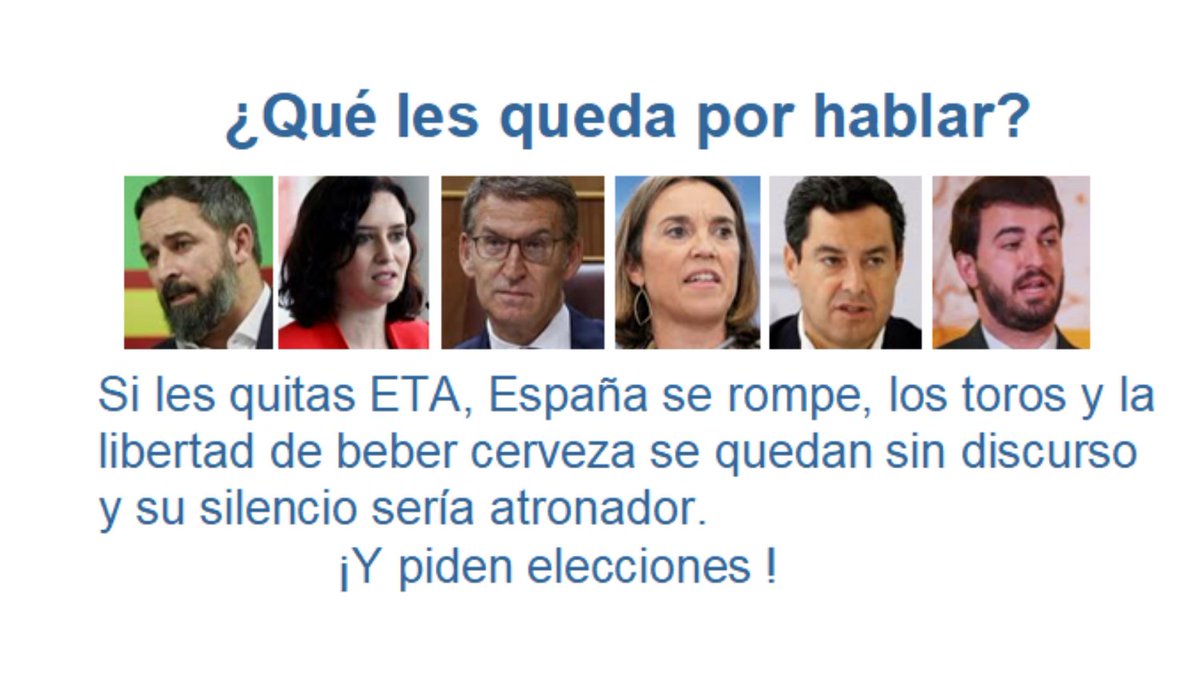 PP y Vox no quieren ni pueden ni se atreven a hablar de Economía, ni de Empleo, ni de Inflación, ni de Pensiones, ni de Salarios, ni de Sanidad, ni de Educación, ni de Servicios Sociales, ni de nada que no sea ETA, Cataluña o los toros RETUIT los que sì nos interesa todo esto!