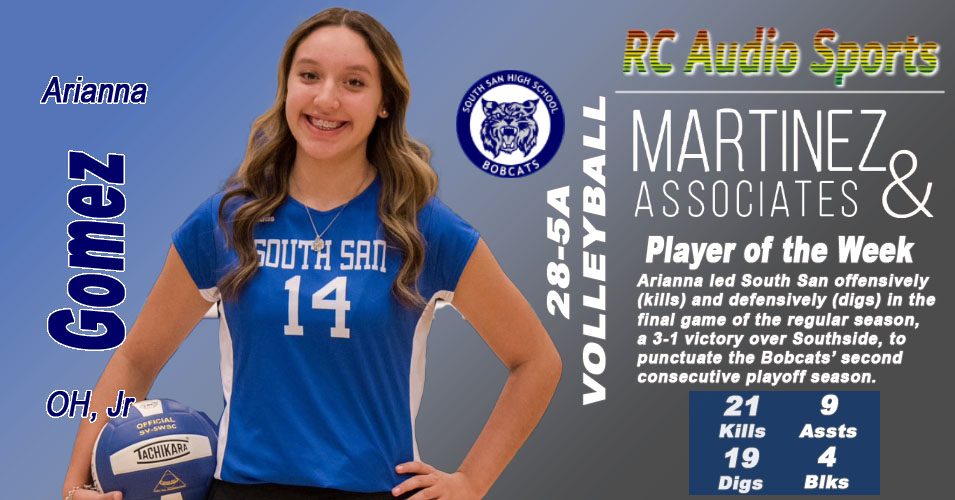 rcaudiosports's tweet photo. This week, the RC Audio Sports / @martinezlawsa  28-5A Volleyball Player of the Week is South San's Arianna Gomez.

Also considered were Nevaeh Anguiano, Serenity Carey, and Danielle Reza https://t.co/bRzFhcvgWa