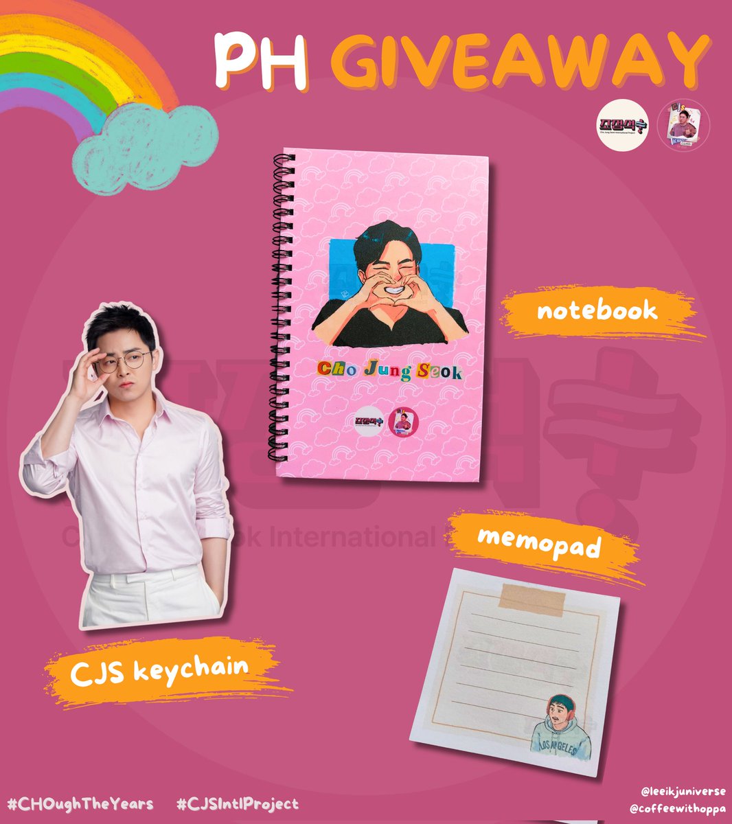 📚PH GIVEAWAY📚 📒 TOP DONOR: - 1 notebook + 1 memopad (CJS artworks by @ya_joohere) + 1 CJS keychain 📒 2 LUCKY DONORS: - 1 notebook + 1 CJS keychain How to join: ✏️donate at least ₱500 ✏️donate 'til NOV 15 ✏️repost and like this & post below #CHOughTheYears #CJSIntlProject