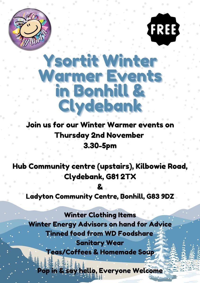 Join us for our FREE Winter Warmer Events this Thursday 2nd November in Bonhill &amp; Clydebank 3.30-5pm 

❄️Winter Clothing Items
❄️ Winter Energy Advisors
❄️Tinned food from WD Foodshare 
❄️ Sanitary Wear
❄️ Teas/Coffee &amp; Homemade Soup 

Pop in and say hello, everyone Welcome 💜