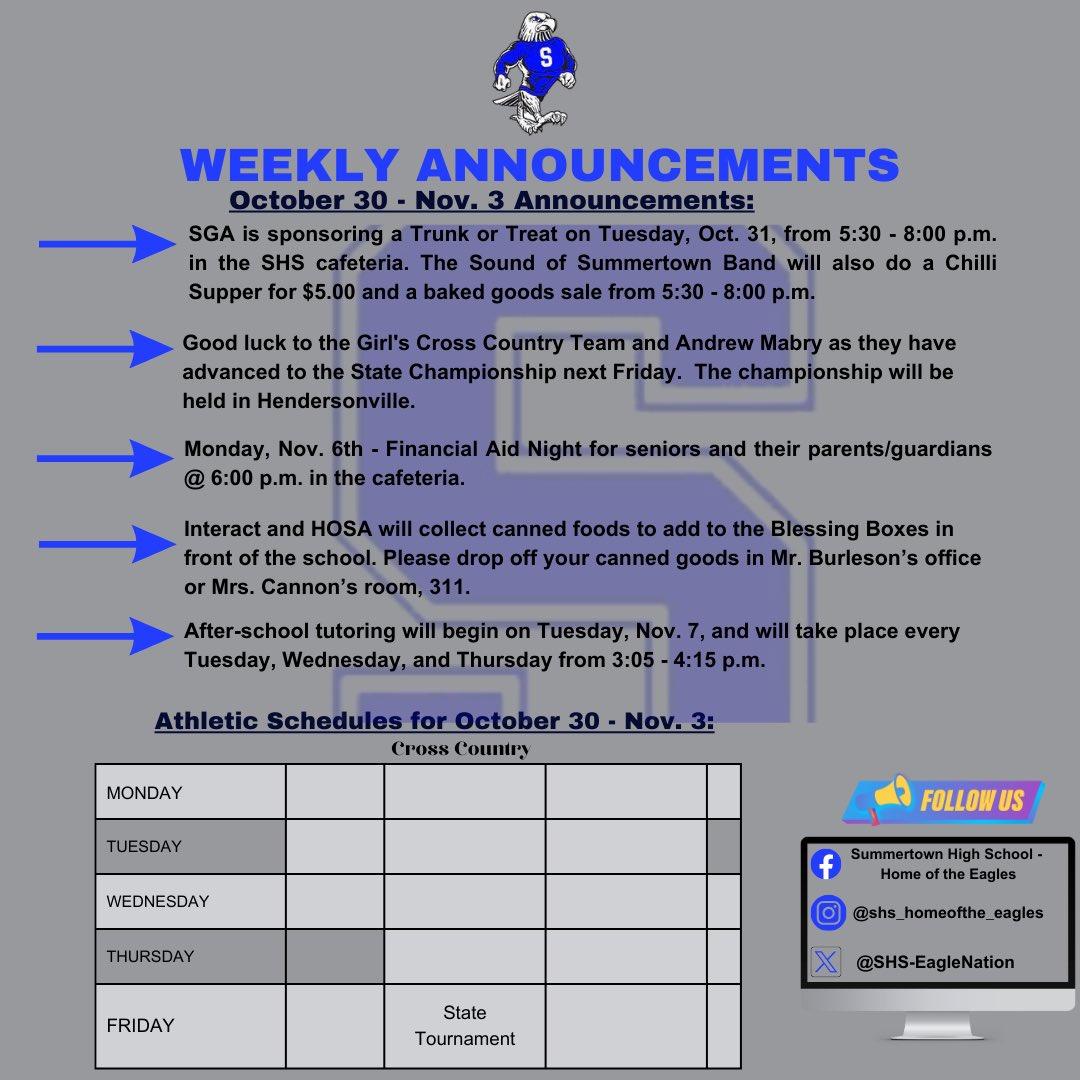 SHS announcements for Oct. 30-Nov. 3. 💙🤍💙