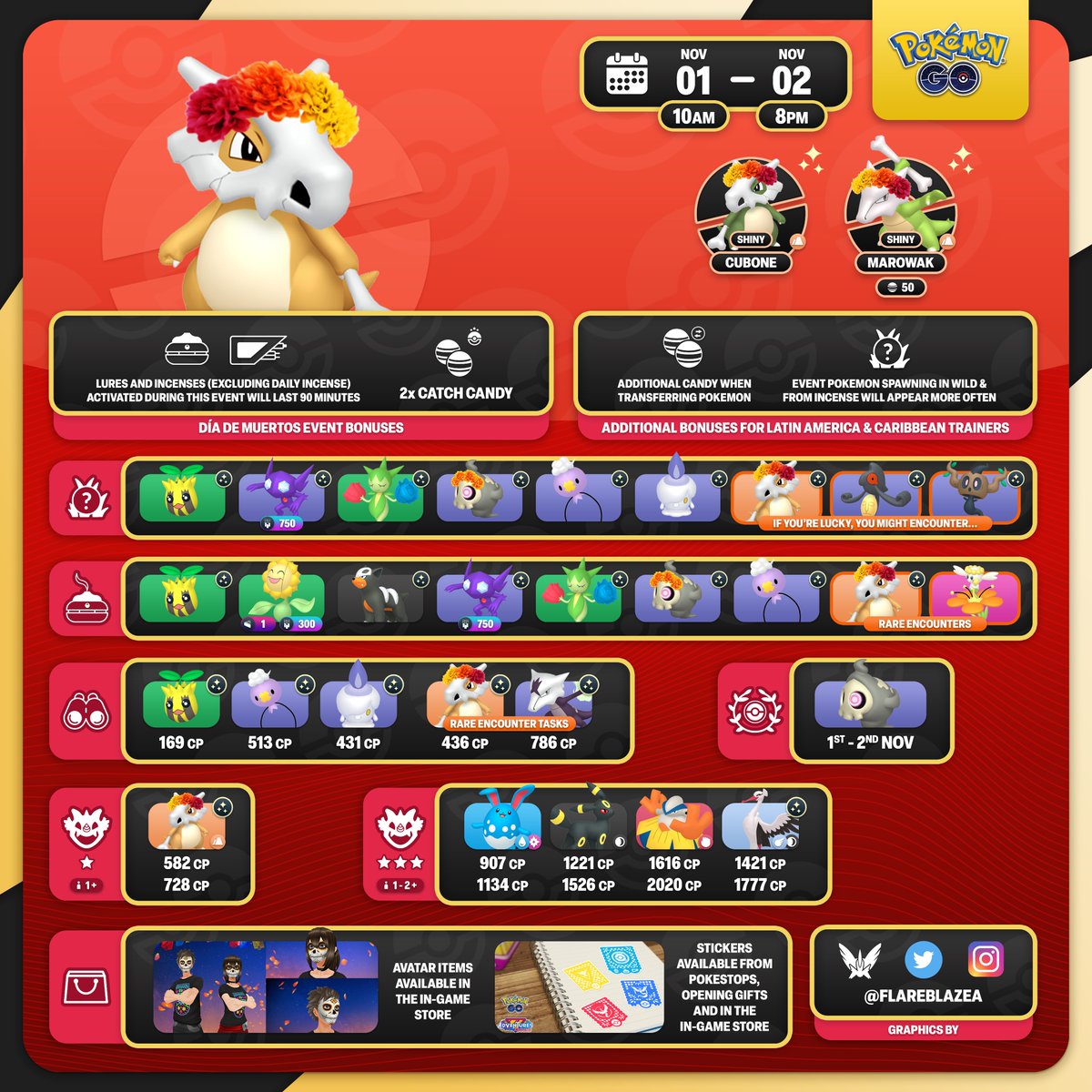 This Wednesday, the Día de Muertos Event will be happening in #PokemonGO 🌺

🗓️ Wed 1st Nov at 10am - Thu 2nd Nov at 8pm Local 
🌺 Cubone wearing a Cempasúchil Crown will be debuting during this event 
🌎 Latin America &amp; Caribbean Trainers will have additional event bonuses