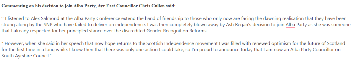 South Ayrshire SNP councillor Chris Cullen has left the SNP to join Alba.