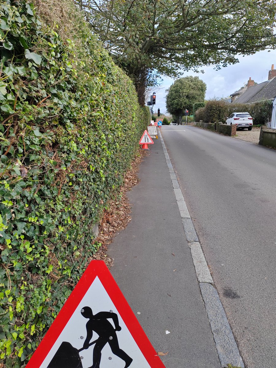 It's funny how signs about roadworks always seem to end up on the pavement. There are six at Bailiffs crossroads blocking the pavement. #chog