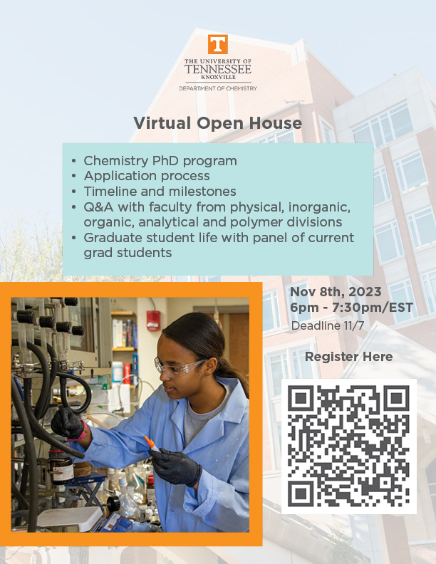 Join us on November 8th at 6:00PM Eastern to learn more about our graduate program, research opportunities at the University of Tennessee, and details on the application process. @CHEMISTRYUTK #chemistry Scan QR code for registration!👇