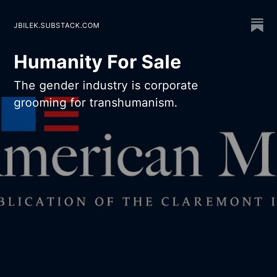 the 11th hour blog (@11thblog) on Twitter photo "When sex is abolished as a meaningful category, so is humanity as we know it."
americanmind.org/features/soul-…
Humanity For Sale, by <a href="/bjportraits/">Jennifer Bilek</a> open.substack.com/pub/jbilek/p/h… "When sex is abolished as a meaningful category, so is humanity as we know it."
americanmind.org/features/soul-…
Humanity For Sale, by <a href="/bjportraits/">Jennifer Bilek</a> open.substack.com/pub/jbilek/p/h…