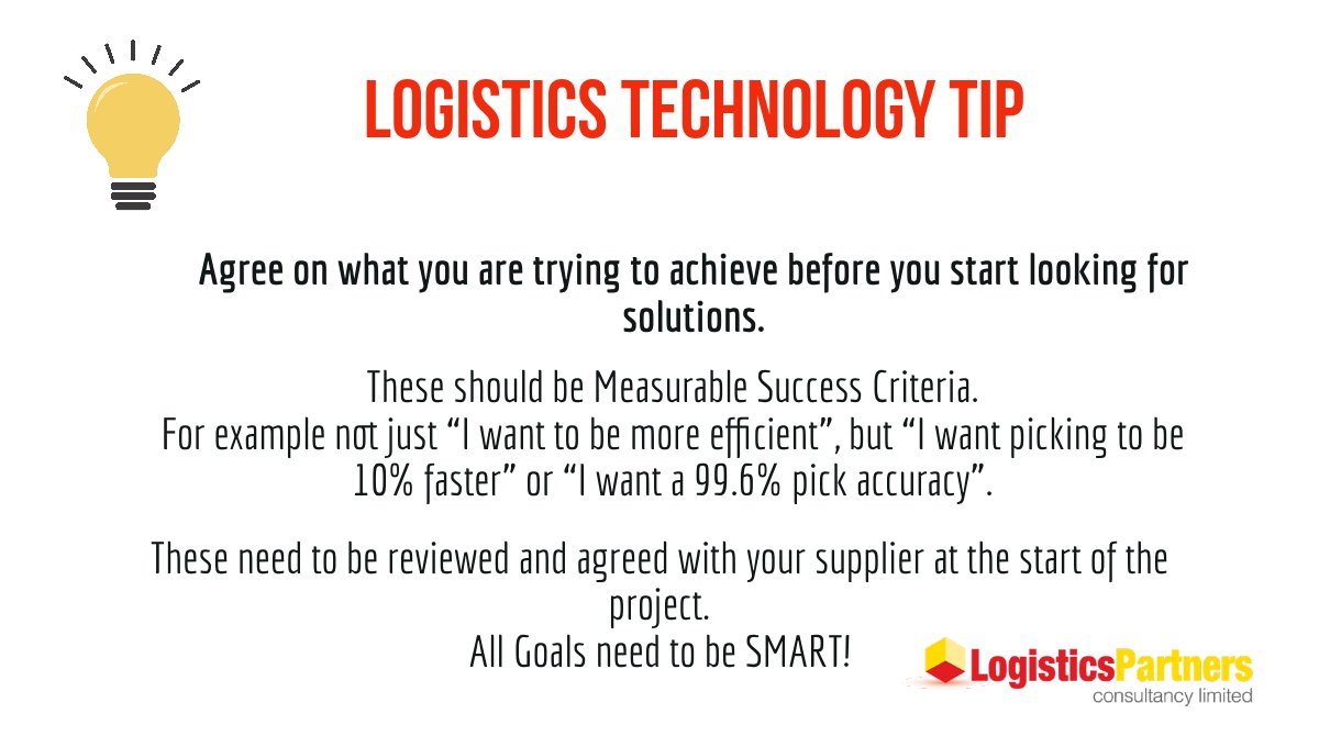 LogisticsPartne's tweet image. Today&apos;s tip for Logistics Technology Projects. 
Ensure you have clear measurable success criteria, based on measured current operations. 

#LogisticsTechnology #LogisticsIT #SystemsProcurement