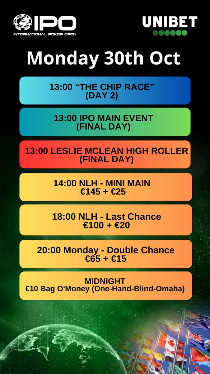 IPO2019's tweet image. The Last Day of Poker Action at the IPO Dublin 2023 Poker Festival, don´t miss it out!

💥 IPO ME Final Day LIVE STREAM from 1 p.m.
internationalpokeropen.ie
IPO LIVE UPDATES incl. bust-outs, payouts, chip counts👇
✅internationalpokeropen.ie/live-updates/