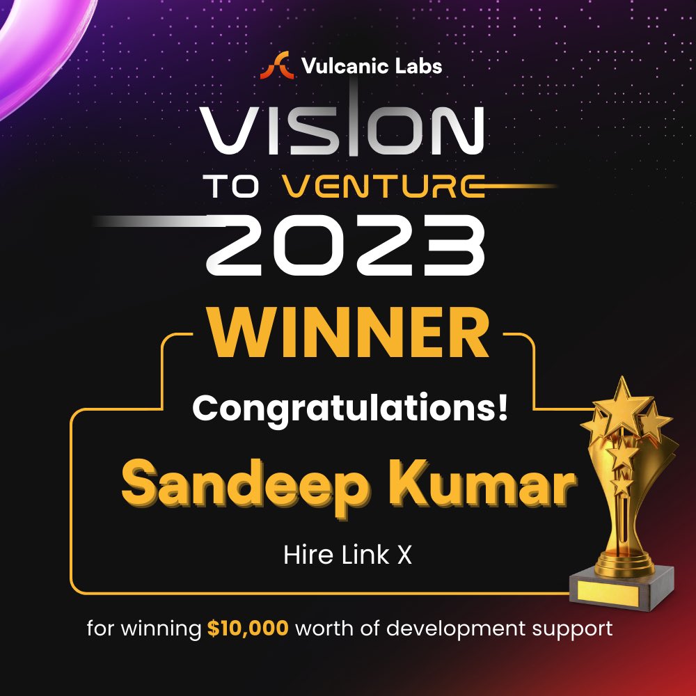 Congratulations to Sandeep Kumar of Hire Link X as the victor in our Vision to Venture 2023: Turning Dreams into Thriving Startups, winning $10,000 worth of development support!

Read more here: linkedin.com/posts/vulcanic…

#VulcanicLabs #VisionToVenture #HireLinkX
