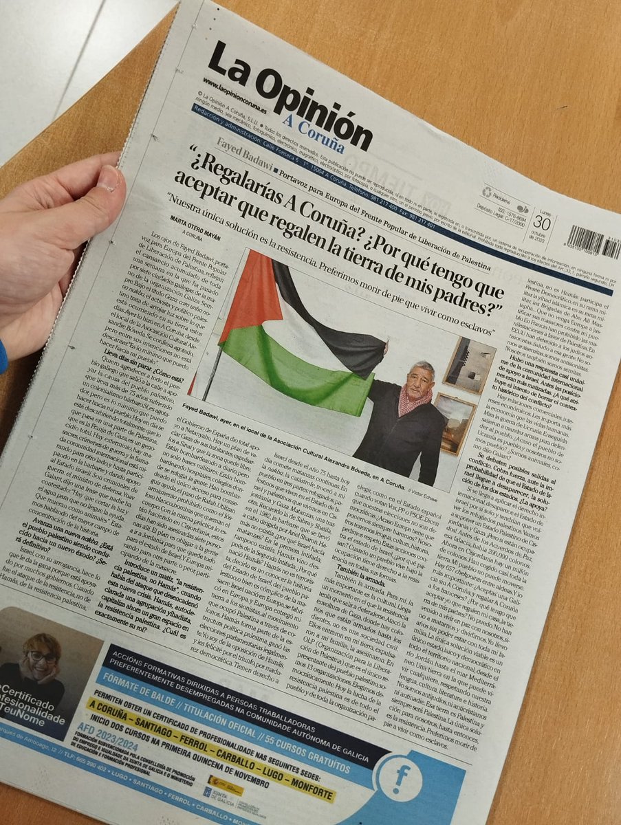 Falei onte na Coruña con Fayed Badawi, do Frente Popular de Liberación de Palestina, e levei unha lección de historia e outra de resistencia. Tédela aquí e na contra da Opinión: 

🗞️:laopinioncoruna.es/coruna/2023/10…