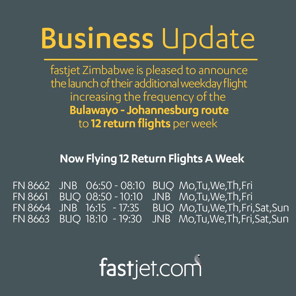 fastjet's tweet photo. We are pleased to announce the launch of our morning flights connecting Bulawayo and Johannesburg. Now flying 12 times a week between the two cities.
Read more here https://t.co/am4Kcfanlt
#fastjet
#johannesburg
#bulawayo
#southafrica
#zimbabwe
#choice
#value
#flexibiity https://t.co/EJRTw00sZf