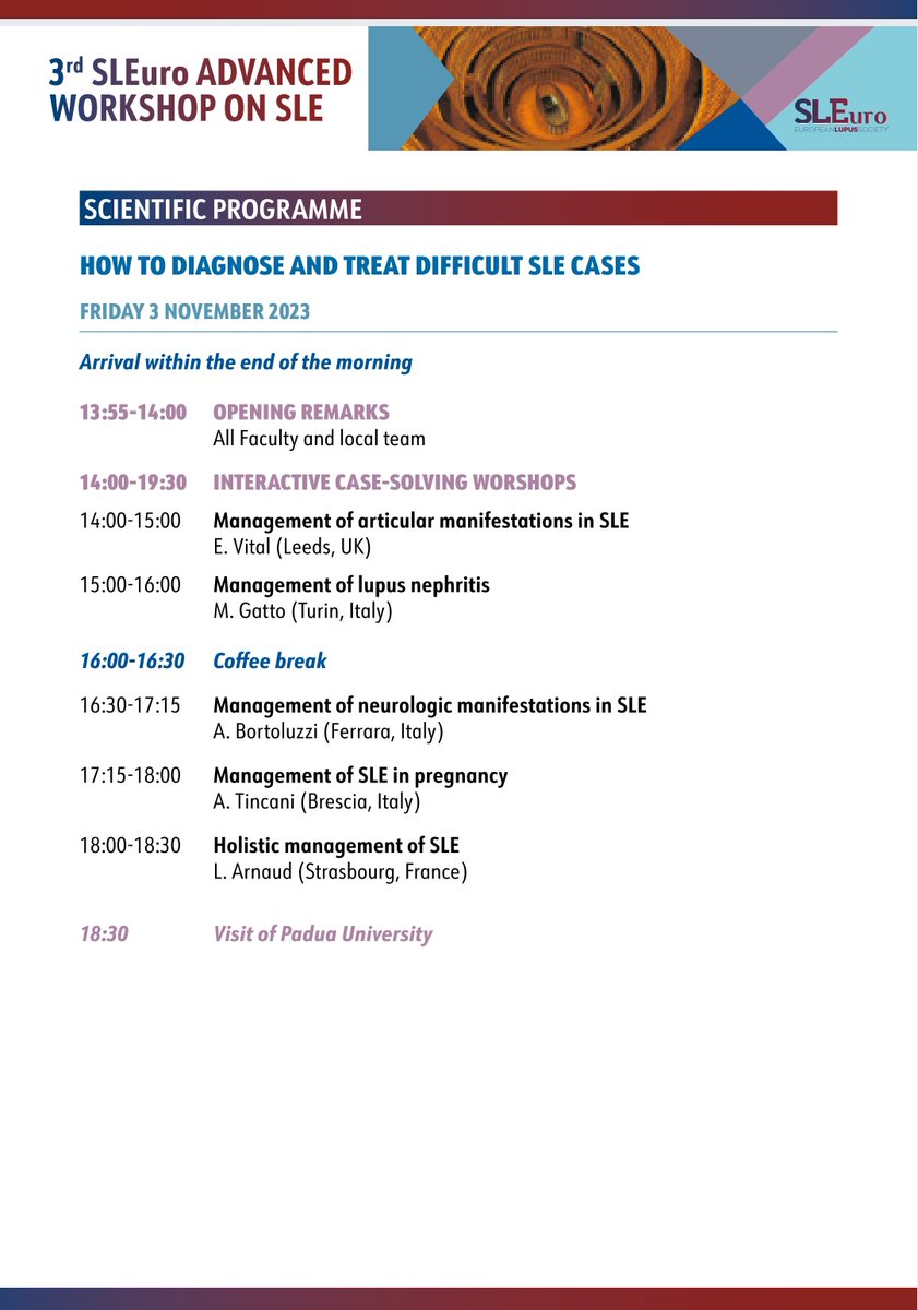 Lupusreference's tweet photo. ✅ As the President of the European #Lupus Society @SLEuro it is my great pleasure to share the detailed program 🔎 of the next Advanced #SLE Workshop (Padua, 3-4 nov). We picked high-level topics ⬇️ to be discussed between our amazing faculty 🧑‍🎓 and 30 lucky participants. https://t.co/7vzhlWJomG