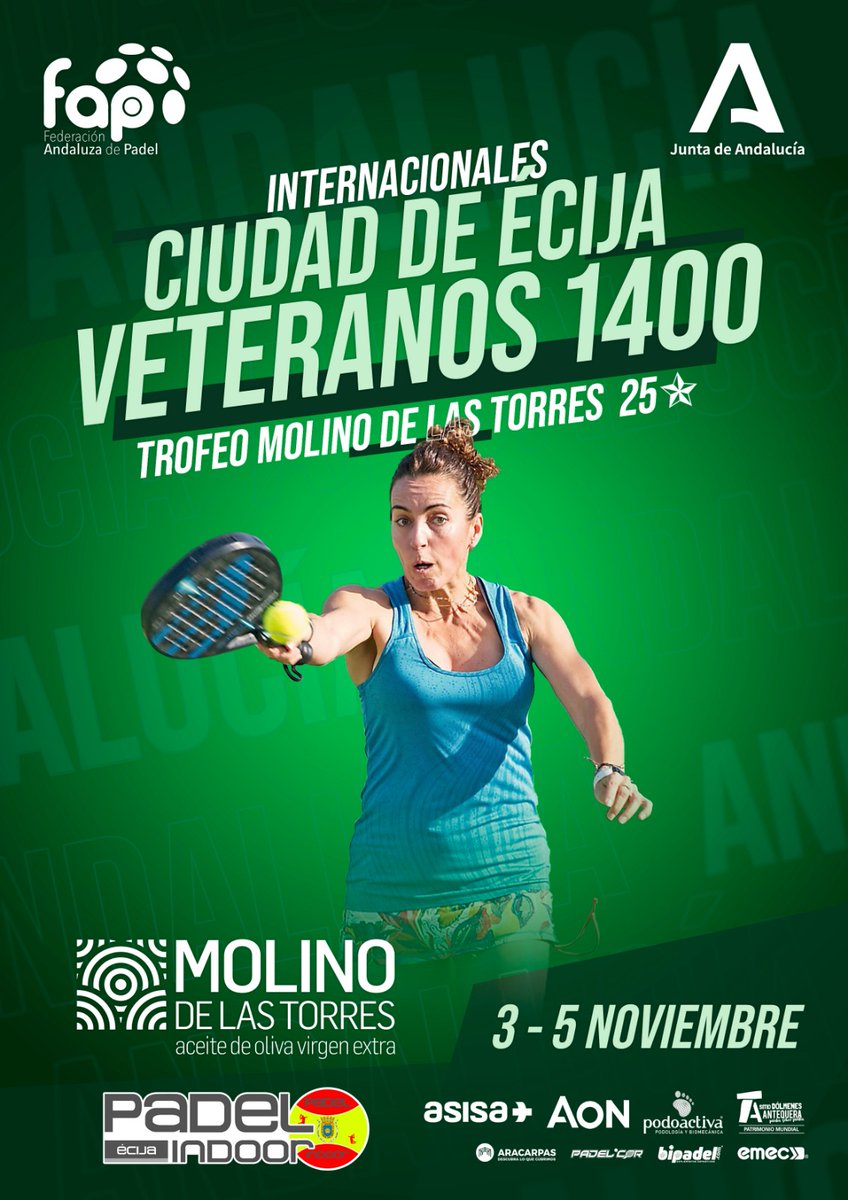 ⚠️ RECORDATORIO CIERRE DE INSCRIPCIÓN   
🟢Torneo Femenino Halloween / Internacionales Ciudad de Écija VET Torneo <a href="/MolinoTorres/">Molino de las Torres</a>
📅 1 de noviembre / 3-5 noviembre
📆Cierre de inscripción: 30 de octubre - 14:00h 
📩Inscripciones: fap.es 

#FAP #SomosFap #padel