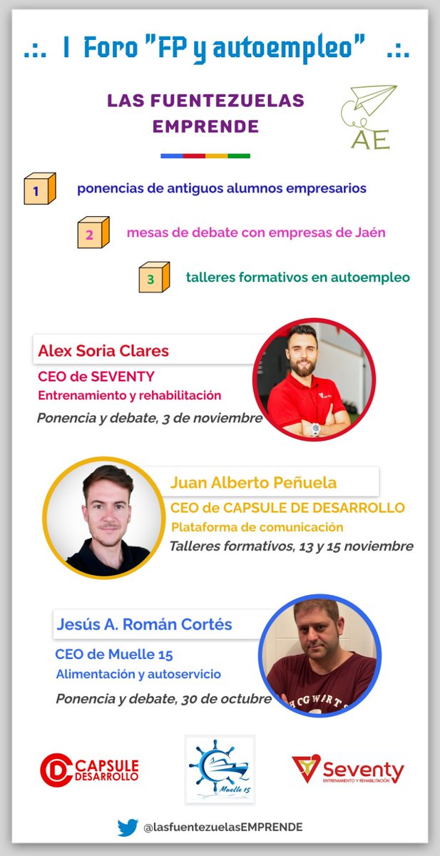 #FORO | 🟡 𝐅𝐏 𝐘 𝐀𝐔𝐓𝐎𝐄𝐌𝐏𝐋𝐄𝐎

👉 Antiguo alumnado del centro vienen a contarte su historia tras su formación en el I.E.S. Las Fuentezuelas

¡No te la pierdas!

Consulta las fechas 👇

#Jaén #educación #LasFuentezuelas #Emprendimiento