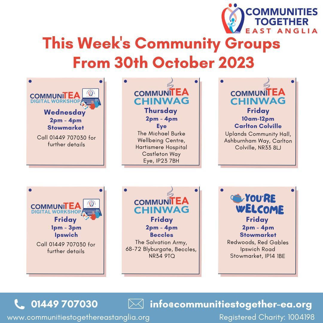 SESSIONS THIS WEEK

For more information about our sessions please contact info@communitiestogether-ea.org or call 01449 707030.