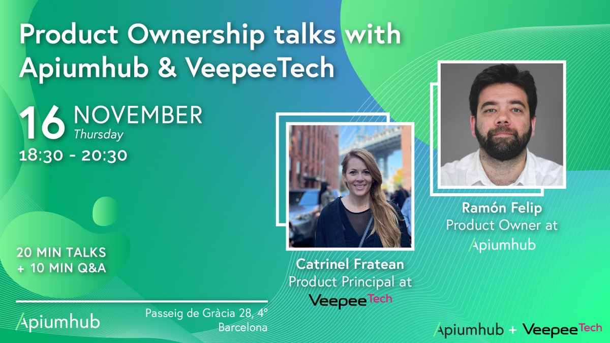 Mark your calendar! 📅 Next Thursday, November 16th, we will have product ownership talks in our office in Barcelona in collaboration with <a href="/veepeetech_/">VeepeeTech</a>. Join us to learn, ask questions, and network. meetup.com/apiumhub-softw…