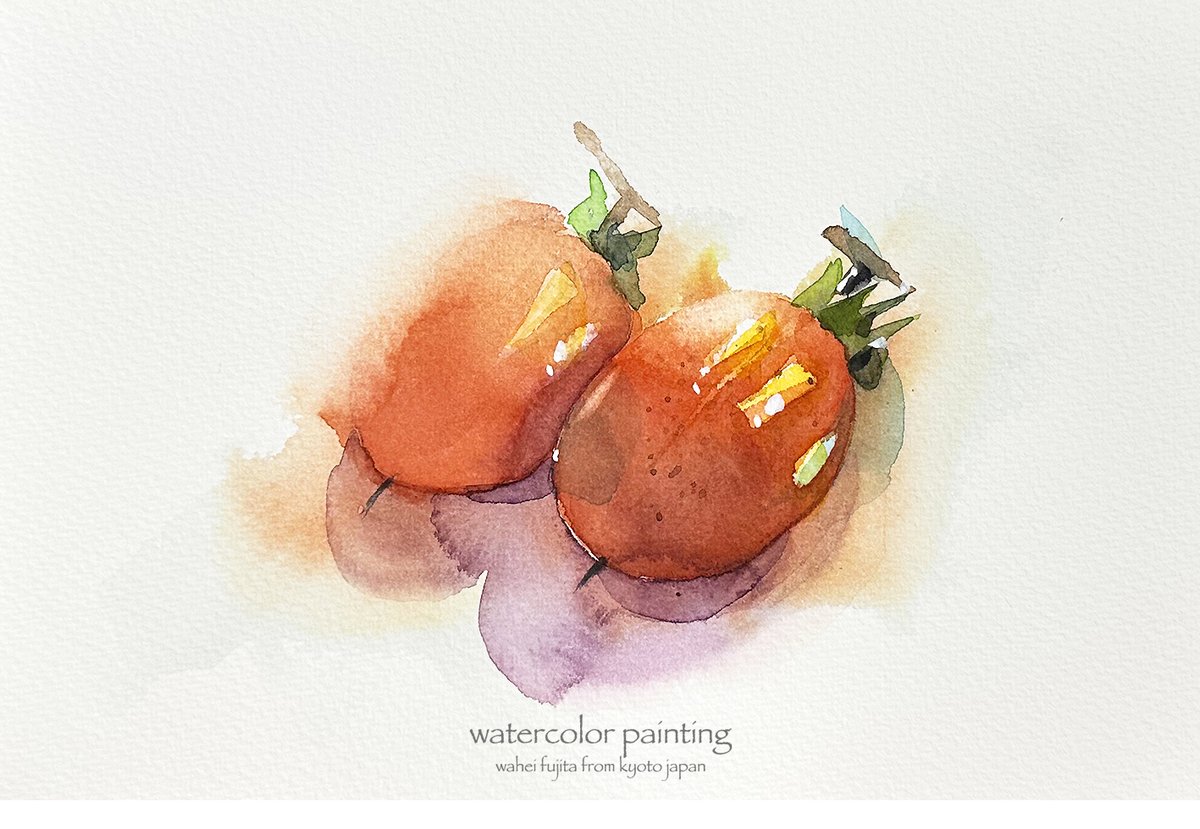 柿を描きました。ぼくの絵は、実物とそっくりにモチーフを描き