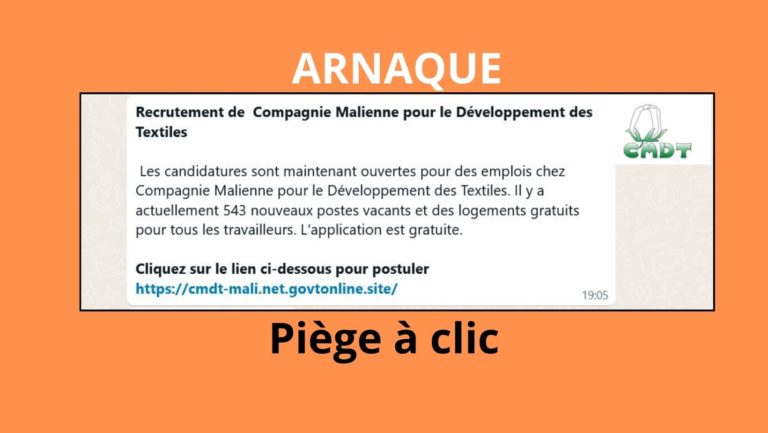 Une prétendue annonce circule dans les groupes WatsApp et d’autres plateformes de social média, depuis plusieurs jours,  invitant les followers à cliquer sur un lien afin de postuler pour des emplois au compte de la CMDT Intox !👇
bitly.ws/YUaU
#Mali #intox