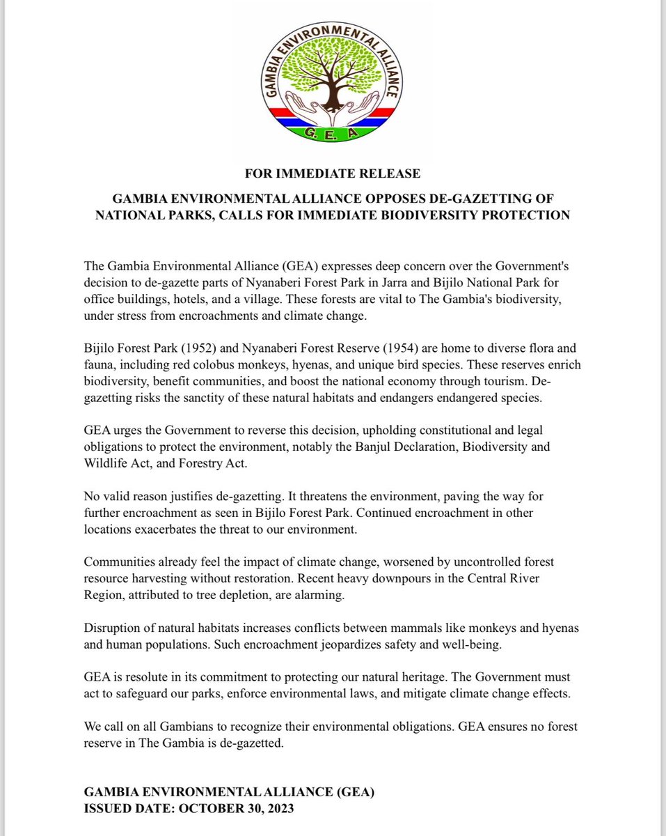 Press Release: GEA Stands Firm to Protect Gambia’s Natural Heritage 🇬🇲
#BiodiversityMatters #GambiaEnvironmentalAlliance