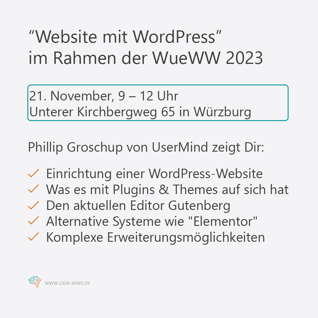 usermindagency's tweet photo. 💻  Wir laden Dich ein zu unserem #Workshop im Rahmen der @wueww 
Du bist unsicher, ob die Veranstaltung für Dich das Richtige ist oder hast noch Fragen? Schreib uns gerne jederzeit und wir helfen Dir weiter!

Weitere Infos und Link zur Anmeldung:
➡ https://t.co/v4W650yqUS https://t.co/1LXiYAtTrr