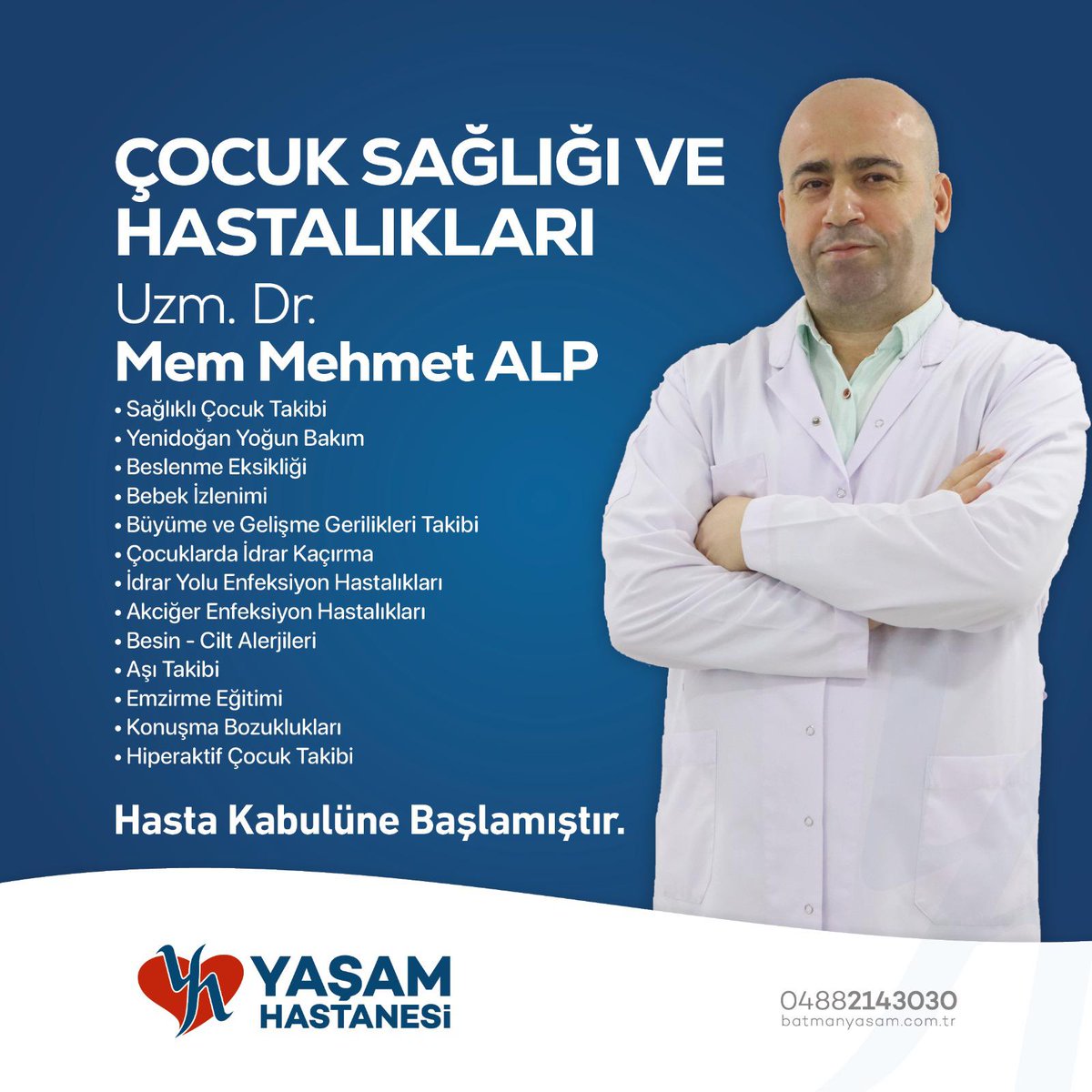 Çocuk Sağlığı ve Hastalıkları'nda uzmanlaşmış Uzm. Dr. Mem Mehmet Alp'i bünyemize katmaktan büyük mutluluk duyuyoruz. Uzm. Dr. Alp, çocuklarınızın sağlığına dair uzman görüşleri sunmak ve rehberlik etmek için hastanemizde sizlerin hizmetinizde olacak. #YaşamHastanesi #YeniUzman