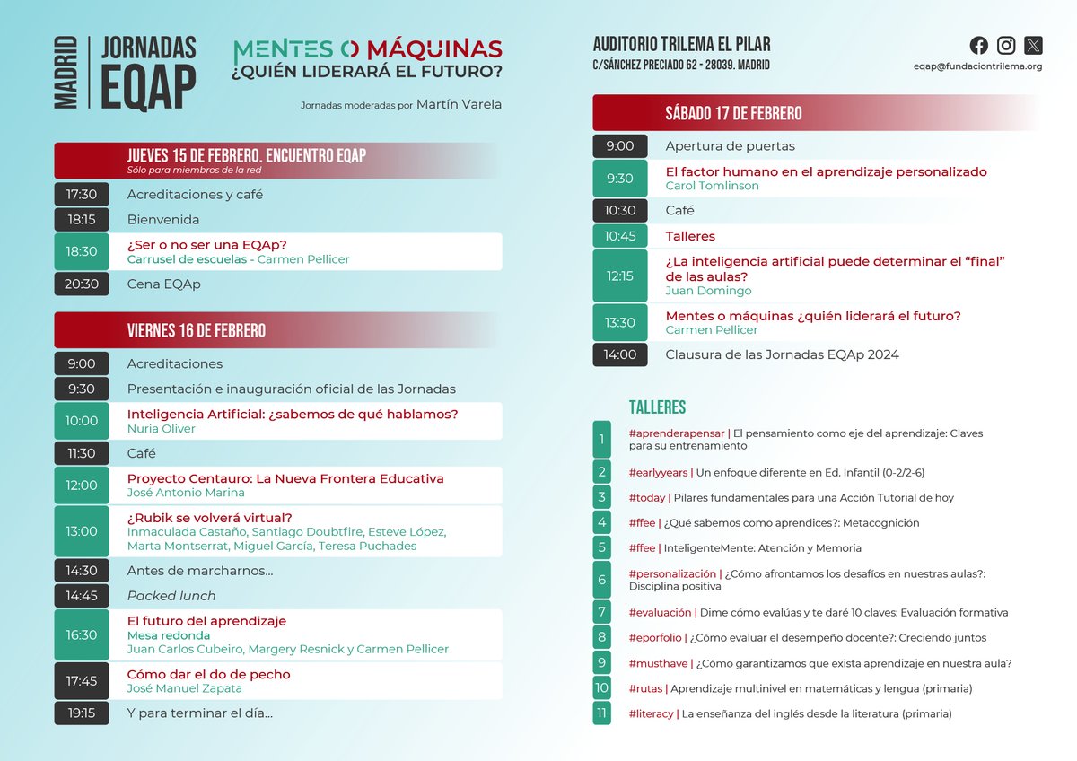 ¡Así hemos planificado las IV #JornadasEQAp! Los días 15 (para #RedEQAp), 16 y 17 de febrero tendremos:
🎙Ponencias
🤝Momentos para compartir experiencia 
👨‍🏫11 talleres a elegir
💡Mesa redonda
🤩¡Y alguna que otra sorpresa! 
Inscríbete y aprovecha el dto.➡eqap.fundaciontrilema.org/jornadas-eqap-…