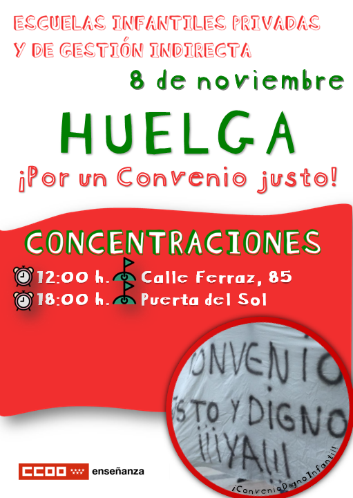 CCOOEducaMa's tweet photo. EDUCACIÓN INFANTIL
Huelga Escuelas Infantiles Privadas y de Gestión Indirecta🔽

📆Miércoles 8 de noviembre de 2023

¡Por un Convenio Justo!

👥🪧Concentraciones Escuelas Infantiles Privadas y de Gestión Indirecta

🕛12:00 h. Calle Ferraz, 85
🕧18:00 h. Puerta del Sol

ℹ️Información - 

https://t.co/TswzcTxJo6

📲Comparte, reenvía  
⭕️⭕️PaseLoquePase   
#CCOOContigoActúa