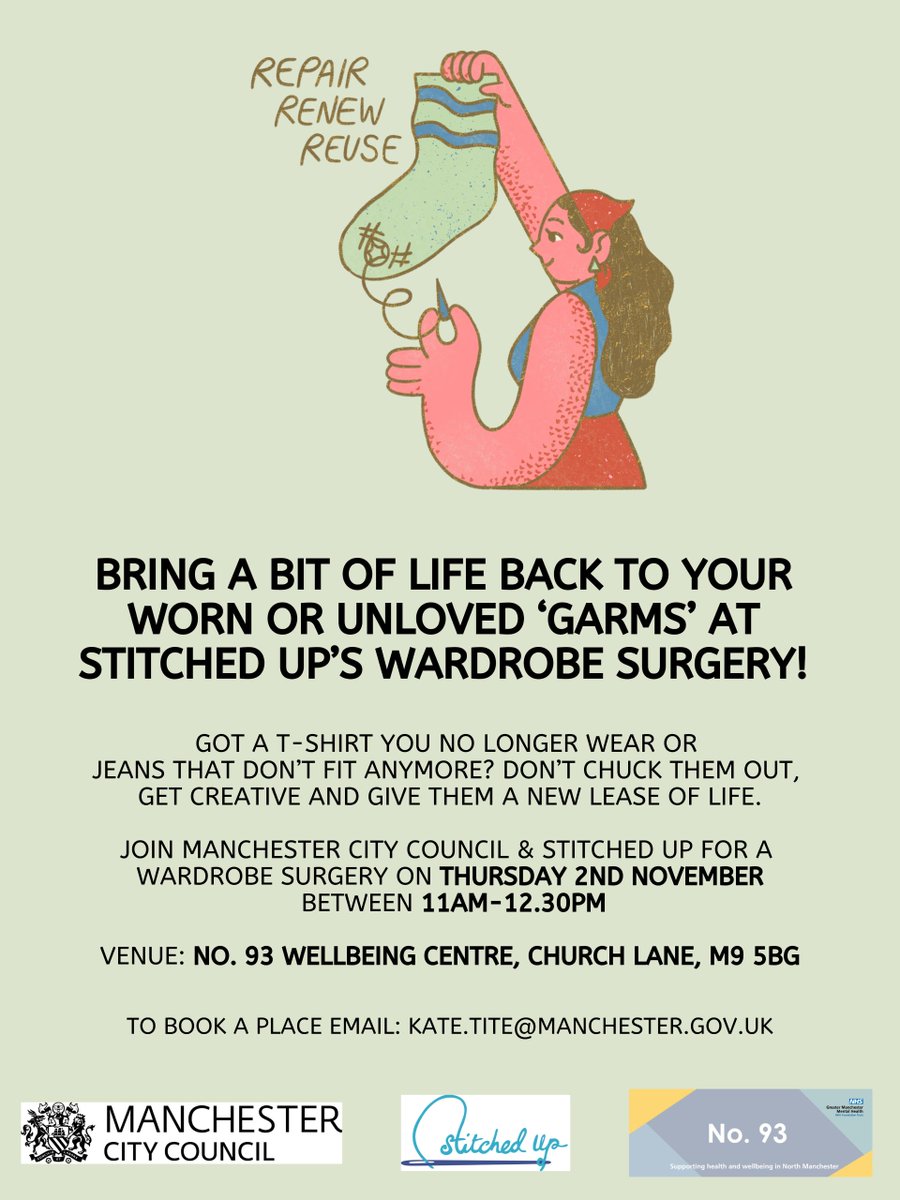 We have a new date for our clothing repair workshop! 

Join <a href="/MCCHarpurhey/">MCC Harpurhey</a> &amp; <a href="/StitchedUpCoop/">Stitched Up</a> this Thursday between 11am-12.30pm at No. 93 Church Lane. 

To book a place 📨 kate.tite@manchester.gov.uk