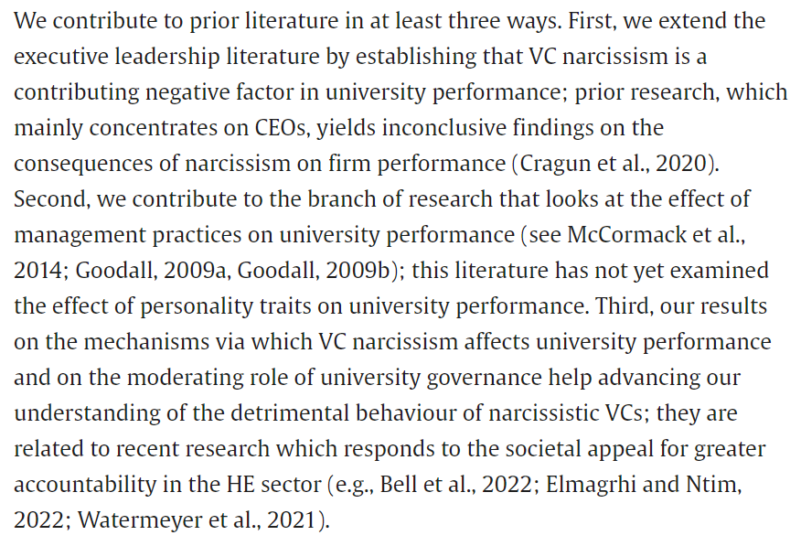 Narcissism among university VCs negatively affects performance. No really?! Interesting study in the journal Research Policy. Not sure I buy their measure of narcissism but findings have, ahem, a lot of face validity. Full paper at sciencedirect.com/science/articl…