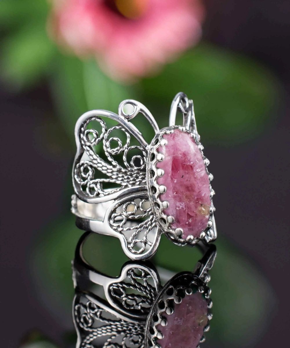 Filigree Art Rhodonite Gemstone Butterfly Design Women Silver Cocktail Ring filigranist.com/products/filig… #gemstone #silverjewelry #Filigranist #filigreejewelry #Rhodonite