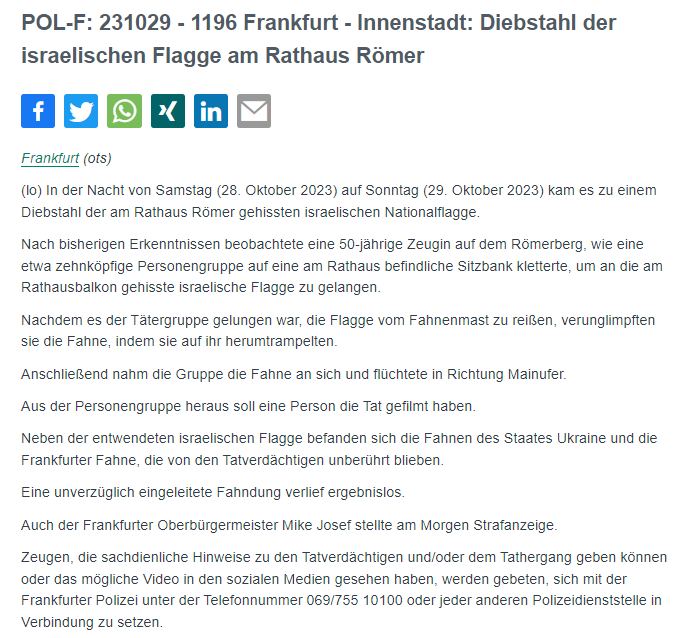 Polizei_Ffm's tweet photo. #Frankfurt #Innenstadt

⚠️#Zeugensuche - bitte RT 🔄

Israelische Nationalflagge am Rathaus #Römer durch bislang unbek. Personengruppe heruntergerissen und verunglimpft.

Hinweise: ☎️069/755 10100

PM: https://t.co/uw9zByJj43 https://t.co/m7zGuGQVDH