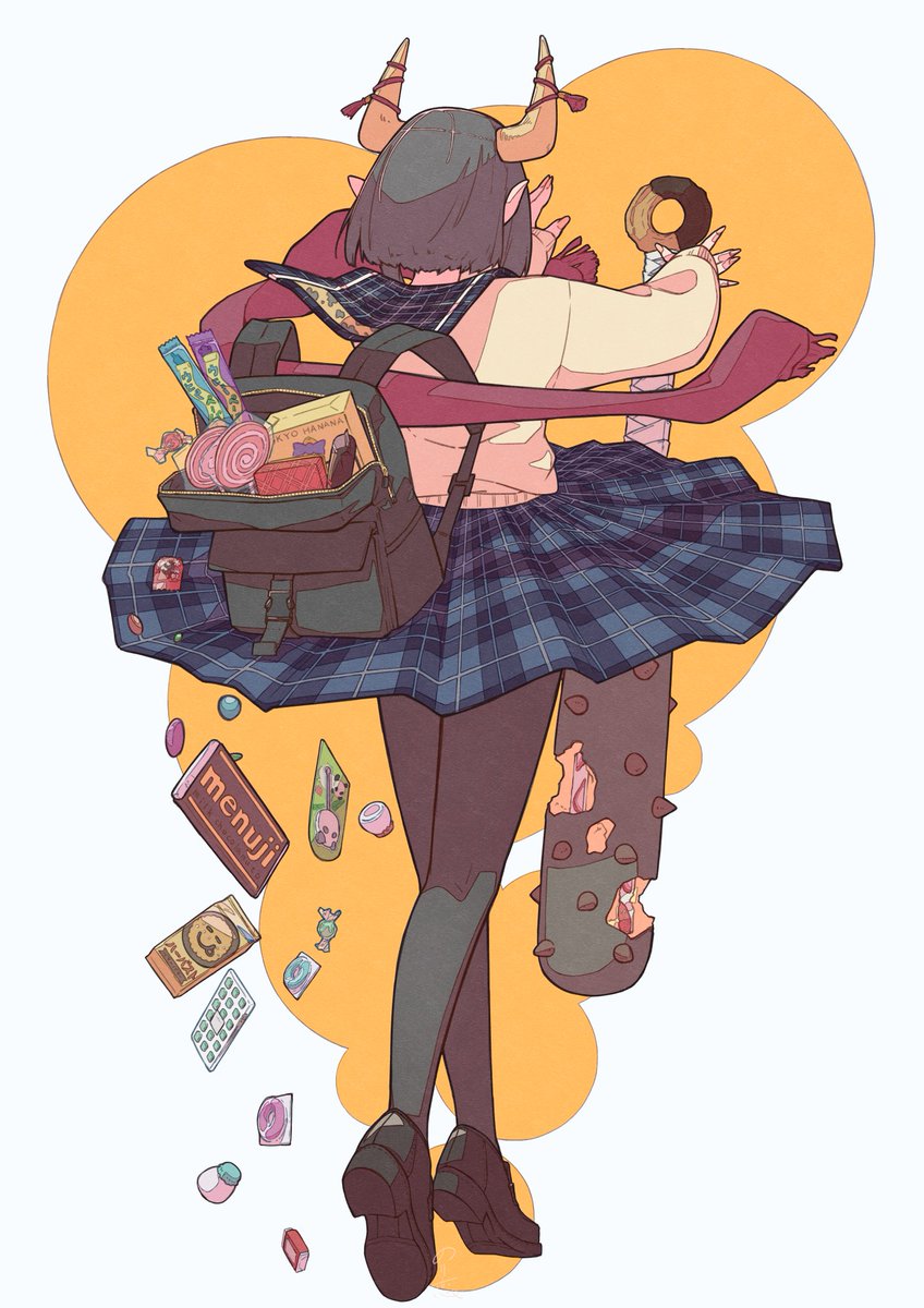 1girl solo skirt scarf food horns candy  illustration images