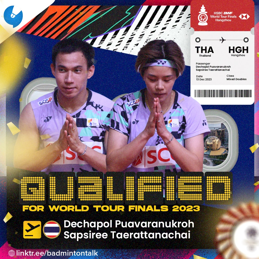 BadmintonTalk's tweet photo. 4. Dechapol Puavaranukroh/Sapsiree Taerattanachai

Bass/Popor has qualified for all editions of the World Tour Finals so far!

They have won the gold medal twice. Will they be able to win the title this year?

#WorldTourFinals2023 https://t.co/OgdlHAX3BO