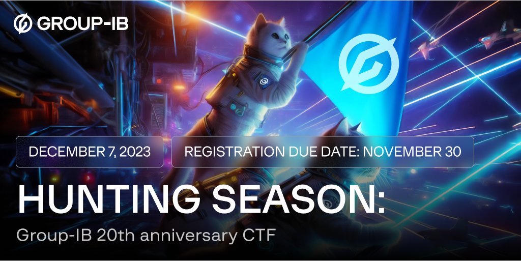 GroupIB's tweet photo. Feeling confident in your ability to hunt down #cyberthreats? Be a part of the “Hunting season: Group-IB 20th anniversary CTF" and put your crime-nabbing skills to the ultimate test. Solve 16 expert-crafted cyber challenges and unlock a special reward. Register now: https://t.co/ygxWIi9BMg

Let the hunt begin! 
#ThreatHunting #CTF #Cybersecurity #FightAgainstCybercrime