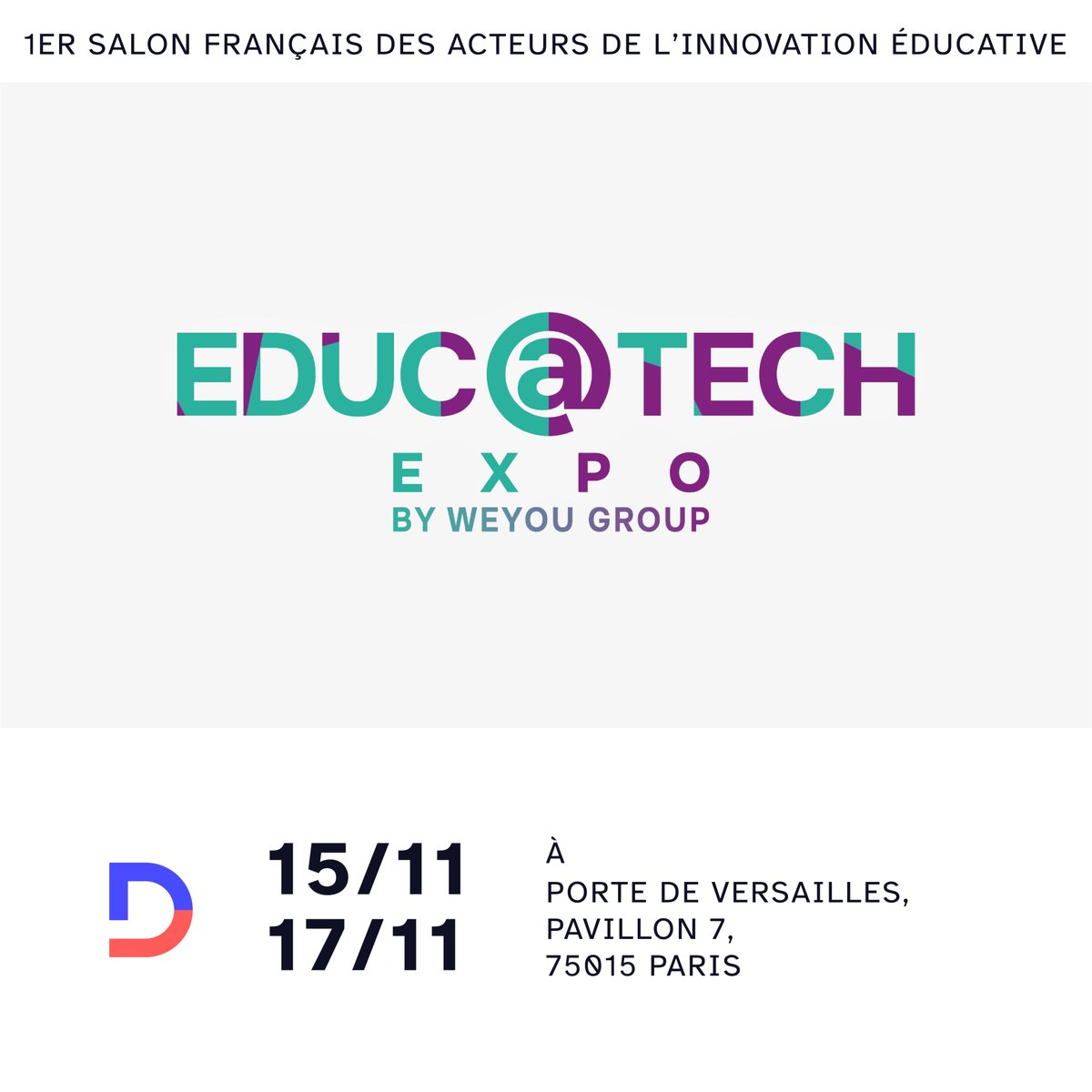#SaveTheDate Rdv sur Educ@tech Expo du 15 au 17 novembre à Paris porte de Versailles.
Pavillon 7, STAND J49.
Participez au salon professionnel de l'innovation éducative.
Demandez votre badge gratuit ici → demande-badge.educatech-expo.com/km?ex=vbt62ujdi
#educatechexpo  #edtech #salon #innovation