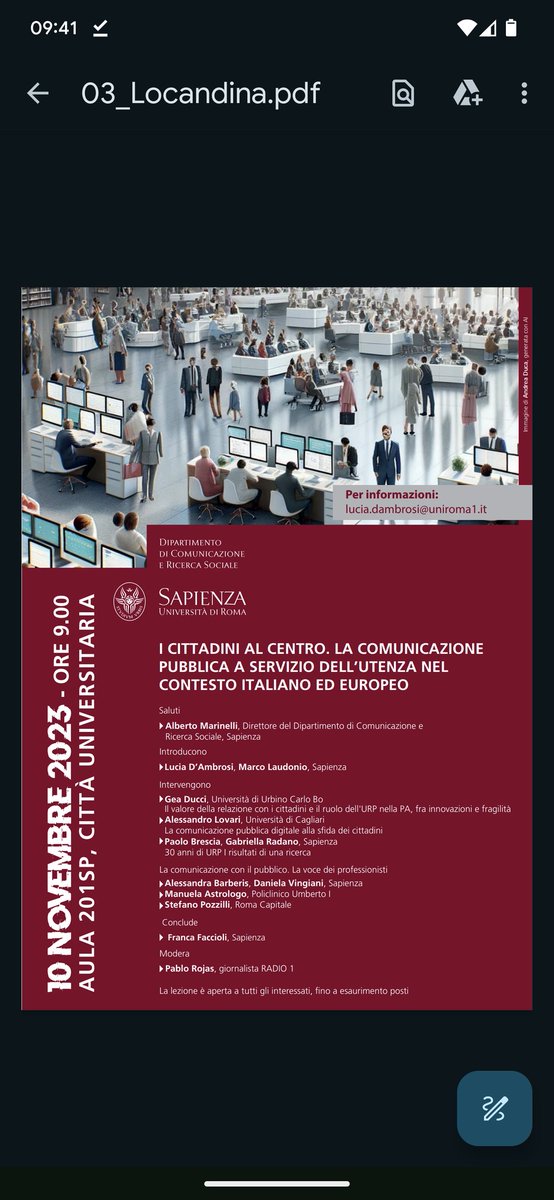 Paolo Brescia (@paolo_brescia_) on Twitter photo Venerdì 10 Novembre dalle 9, seminario "I cittadini al centro. La comunicazione pubblica a servizio dell’utenza nel contesto italiano ed europeo". In città universitaria,Non mancate.
<a href="/LuciaDambrosi/">Lucia D'Ambrosi</a> <a href="/gabriellaradano/">Gabriella Radano</a> <a href="/ManuelaAstrolo1/">Manuela Astrologo</a> Venerdì 10 Novembre dalle 9, seminario "I cittadini al centro. La comunicazione pubblica a servizio dell’utenza nel contesto italiano ed europeo". In città universitaria,Non mancate.
<a href="/LuciaDambrosi/">Lucia D'Ambrosi</a> <a href="/gabriellaradano/">Gabriella Radano</a> <a href="/ManuelaAstrolo1/">Manuela Astrologo</a>