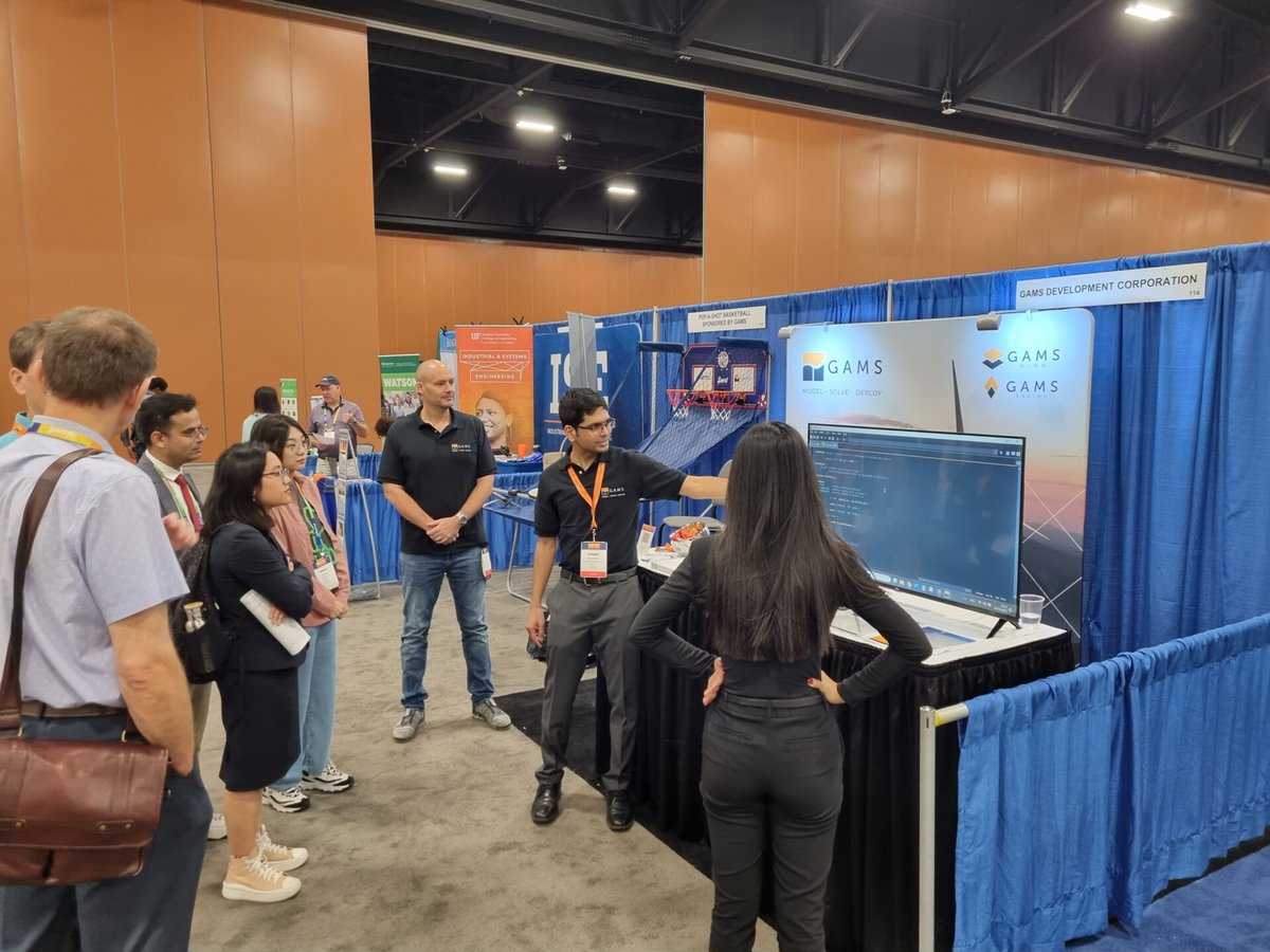 GamsSoftware's tweet image. Had a fantastic time at #INFORMS2023 in Phoenix! 🌵 Our workshop was a success, and we had a diverse and engaging audience. Our presentation on Python &amp;amp; GAMS integration was also a hit. Our booth&apos;s screen and Pop-a-Shot game were crowd-pleasers.🙌🐍 #GAMS #DataAnalytics