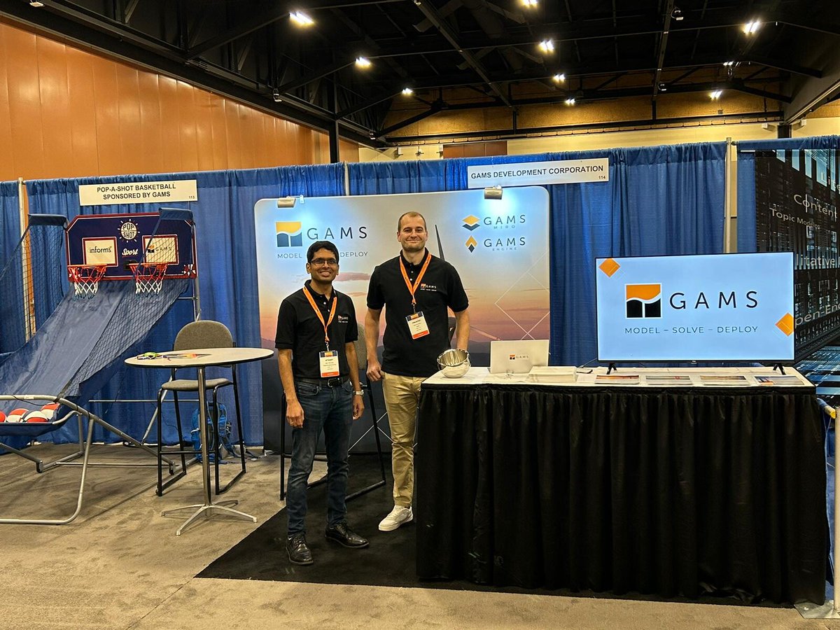 GamsSoftware's tweet image. Had a fantastic time at #INFORMS2023 in Phoenix! 🌵 Our workshop was a success, and we had a diverse and engaging audience. Our presentation on Python &amp;amp; GAMS integration was also a hit. Our booth&apos;s screen and Pop-a-Shot game were crowd-pleasers.🙌🐍 #GAMS #DataAnalytics