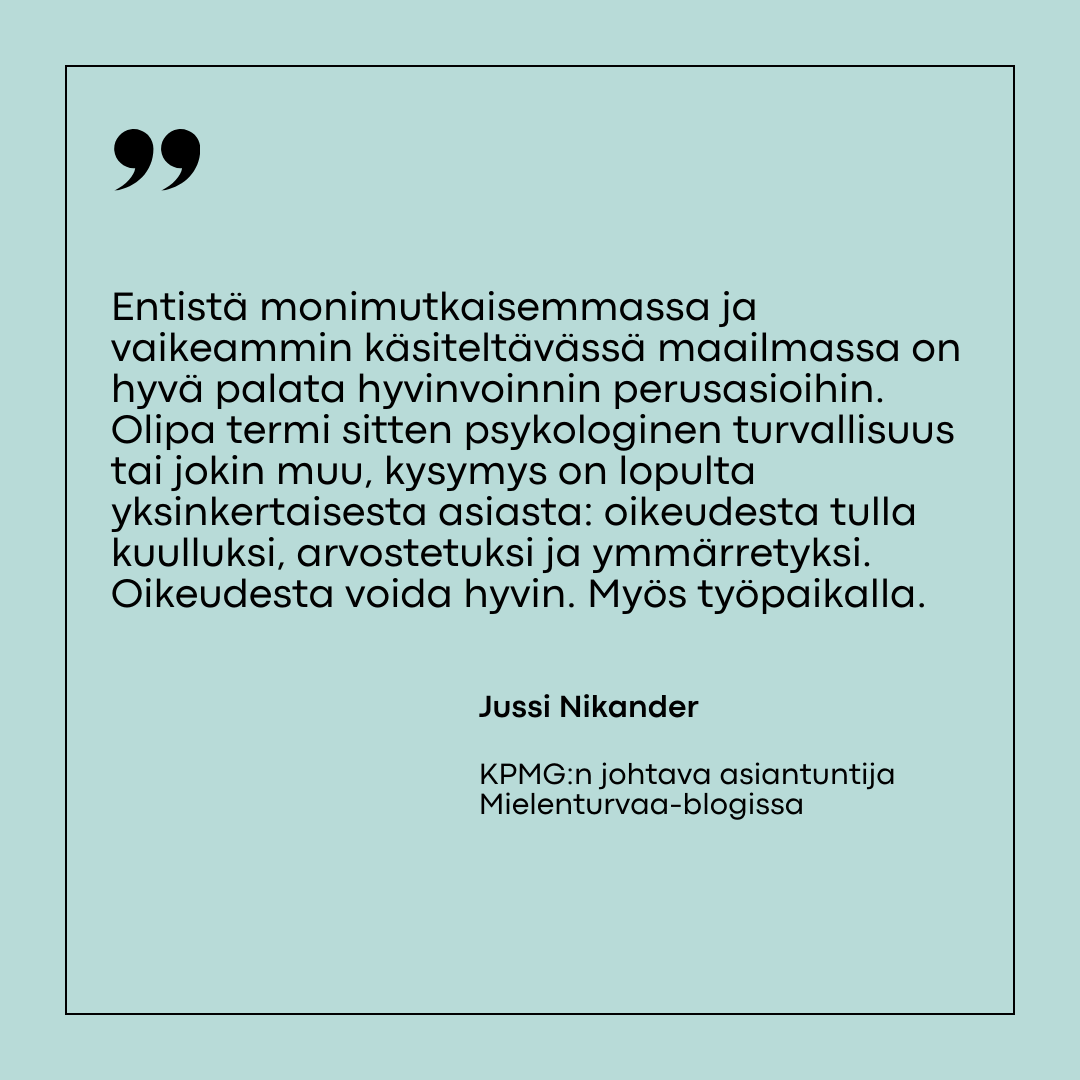 mielenturvaa's tweet photo. Mistä rakentuvat aidosti hyvinvoivat työyhteisöt? Lue @KPMGFinland ‘n asiantuntija Jussi Nikanderin vinkit 2020-luvun työkykyjohtamiseen Mielenturvaa-blogista:
https://t.co/WyuIpcprik

#mielenturvaa #työkykyjohtaminen #työyhteisöt https://t.co/PyAbz0NY7c