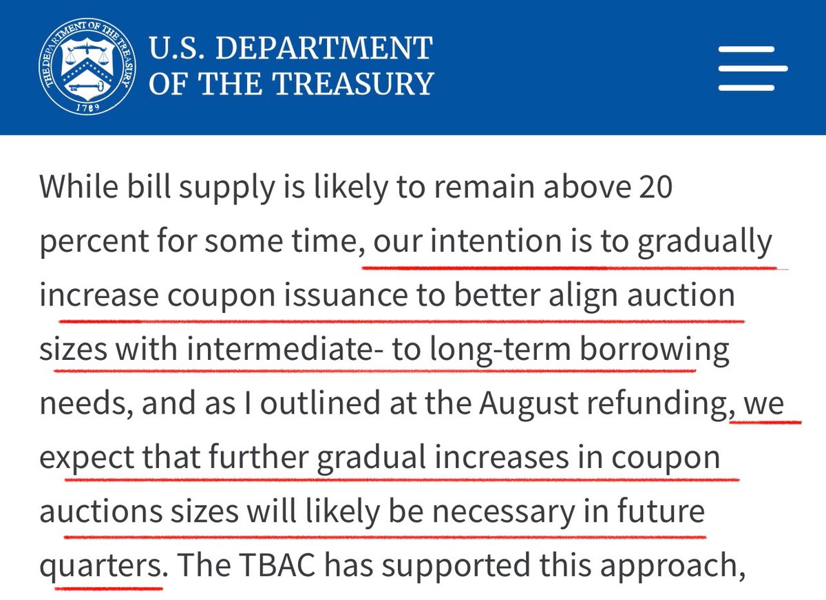 Are you hoping that the QRA will bail out the stock market this week via bills instead of coupon (=long end) issuance?

Then you should read Assistant Treasury Secretary Josh Frost‘s speech from the 21st Sept

He reiterates coupon auction size will continue to increase (1/3)