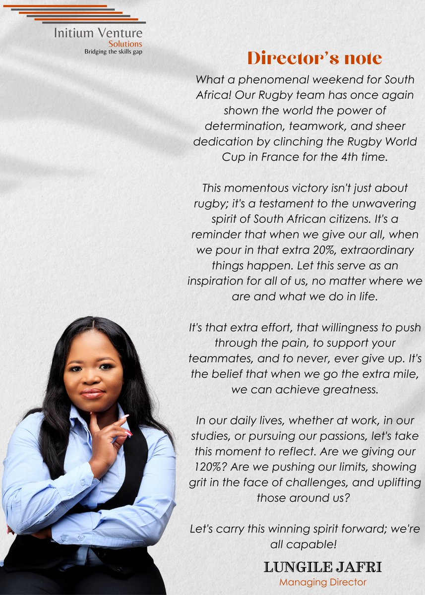 What an incredible weekend for South Africa! The Springboks brought it home for all of us.🏉🏆 Here's a message from our Managing Director.
#Iitiumventuresolutions #ivsskillsdevelopment #GoBokke  #SpringboksRWC  #RWC2023Final
