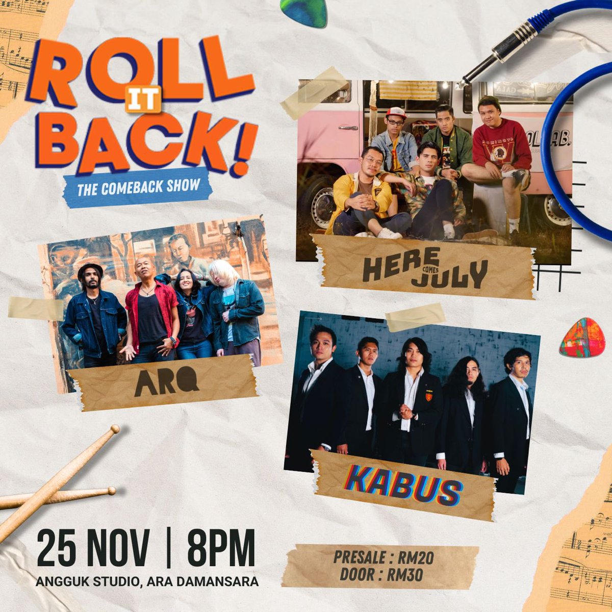 The Comeback Show 🚨🚨

25/11/2023 (Sabtu) 8PM

Kabus akan berkongsi pentas bersama band-band yang hebat seperti <a href="/herecomesjuly_/">Here Comes July</a> dan ARQ untuk melepaskan rindu kami buat anda semua.

Untuk mendapatkan tiket boleh DM di IG 

Jumpa nanti!