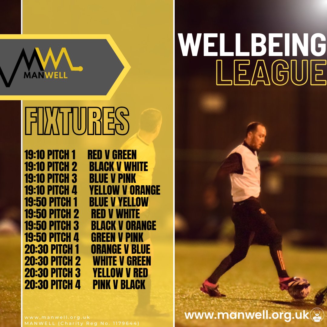 Your fixtures for Tiber #Wellbeing #League action! Want a piece of the action? Visit manwell.org.uk #Manwell #Wellbeing #League #Football #nomanleftbehind