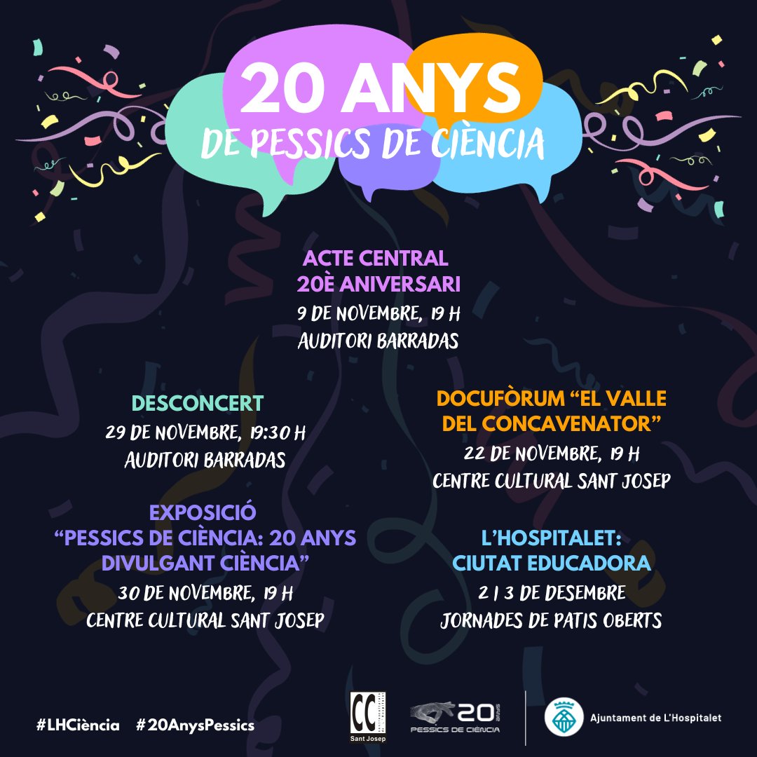 🎂 Enguany fem 2⃣0⃣ anys, vint anys divulgant #ciència a #LHospitalet❗️

I ho volem celebrar!🥳 Ens hi acompanyes? 
🗓️ Reserva't les dates!
 
Aviat 🔜 més detalls sobre el programa d'activitats que estem preparant en el marc de la #SetmanaDeLaCiència.

#20AnysPessics #LHCiència