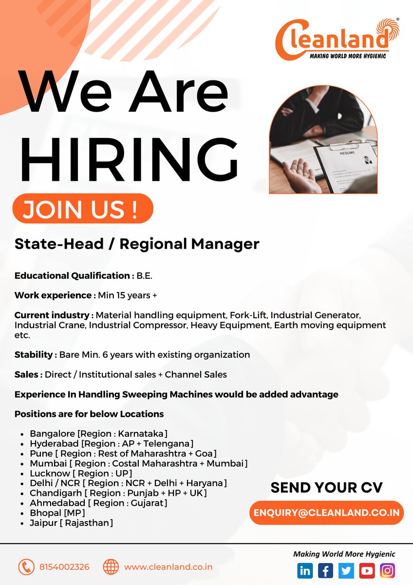 We're hiring! Join our amazing sales team.

Please share your updated resume with us at enquiry@cleanland.co.in.

#job #jobalert #jobopening #jobopportunity #roadsweeper #cleanindia #makeinindia #sweeping #sweepers #swachhbharatmission #spirits #hiring #HIRINGNOW
