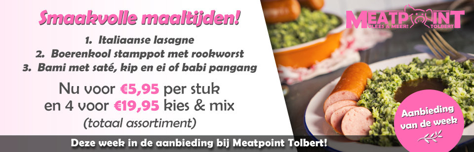 MeatpointNL's tweet image. Deze week in de aanbieding:

Smaakvolle maaltijden!
1. Italiaanse lasagne.
2. Boerenkool stamppot met rookworst.
3. Bami met saté, kip en ei of babi pangang.

Nu voor €5,95 per stuk en 4 voor €19,95 kies &amp;amp; mix!
(totaal assortiment)

Kijk op onze website: meatpointtolbert.nl
