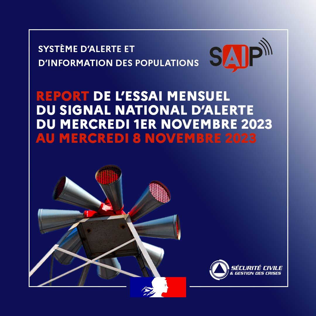 Prefet78's tweet photo. 🚨 SAIP - Système d'alerte et d'information des populations 
👉 Chaque premier mercredi du mois, les sirènes d'alertes sont déclenchées afin de vérifier leur bon fonctionnement.  
ℹ️L'essai mensuel du mercredi 1er novembre, jour férié #LaToussaint, est reporté au mercredi 8 novembre.