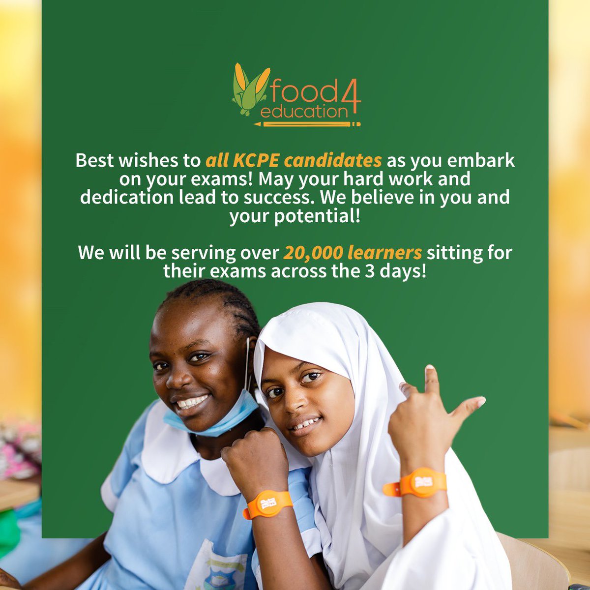 Food4Education's tweet photo. Best wishes to all KCPE candidates sitting for their national examinations today.

We are proud to be serving over 20K candidates with nutritious lunch meals all week across the country so the learners can focus on excelling in their exams!

#Feedingthefuture https://t.co/QJVGblWZYC
